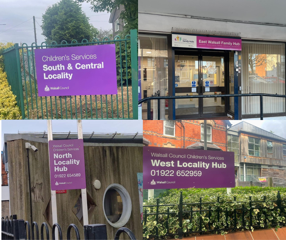 Image depicts four exterior purple signs of taken outside of each Family Hub